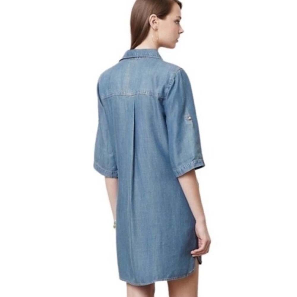 Anthropologie Cloth & Stone Chambray Denim 3/4 Sleeve Mini Shirt Dress Medium - Picture 2 of 10
